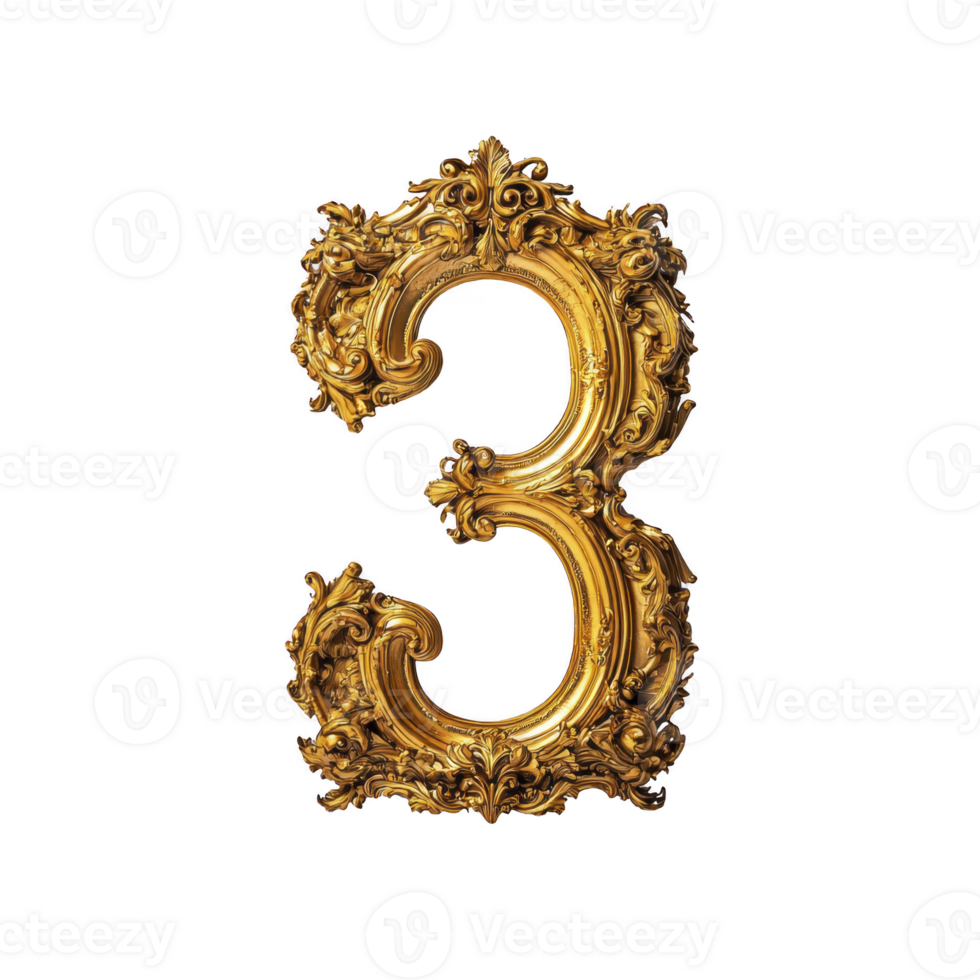 Ornate, golden number three with intricate baroque style detailing, set against plain background, exudes elegance and sophistication png