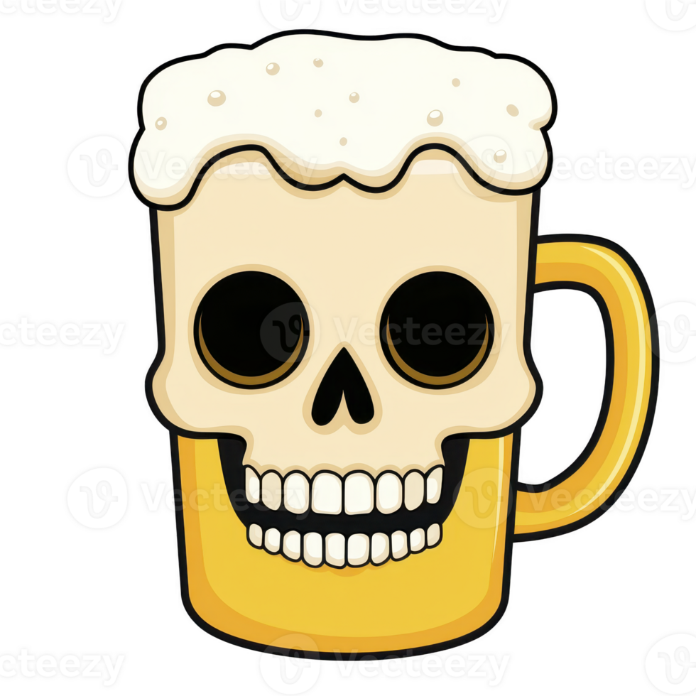 Beer mug with skull design combines playful and spooky theme, featuring frothy beer and skeletal face. Perfect for Halloween or themed parties png