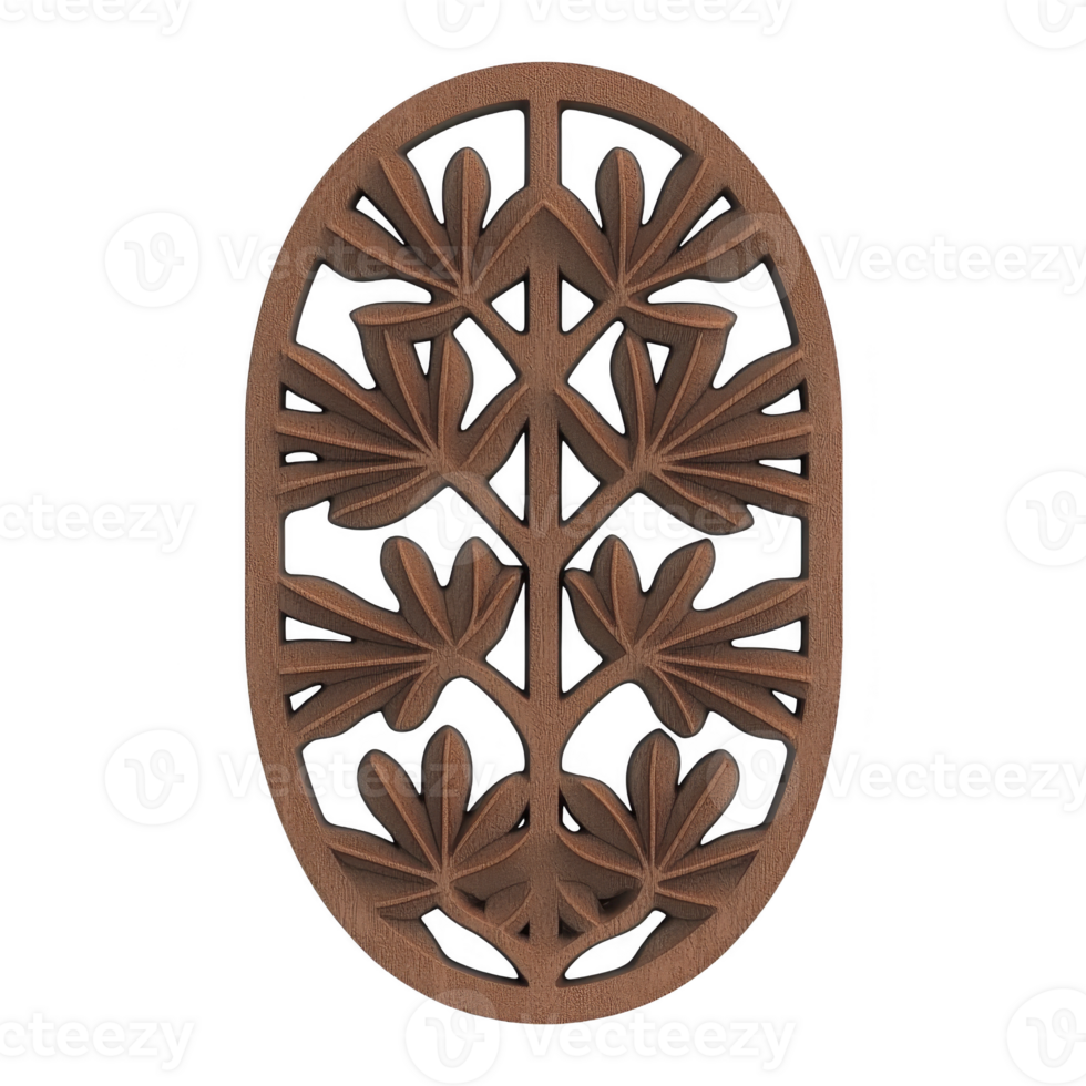 Intricately carved wooden panel features symmetrical leaf pattern within oval frame, showcasing traditional craftsmanship and natural elegance png