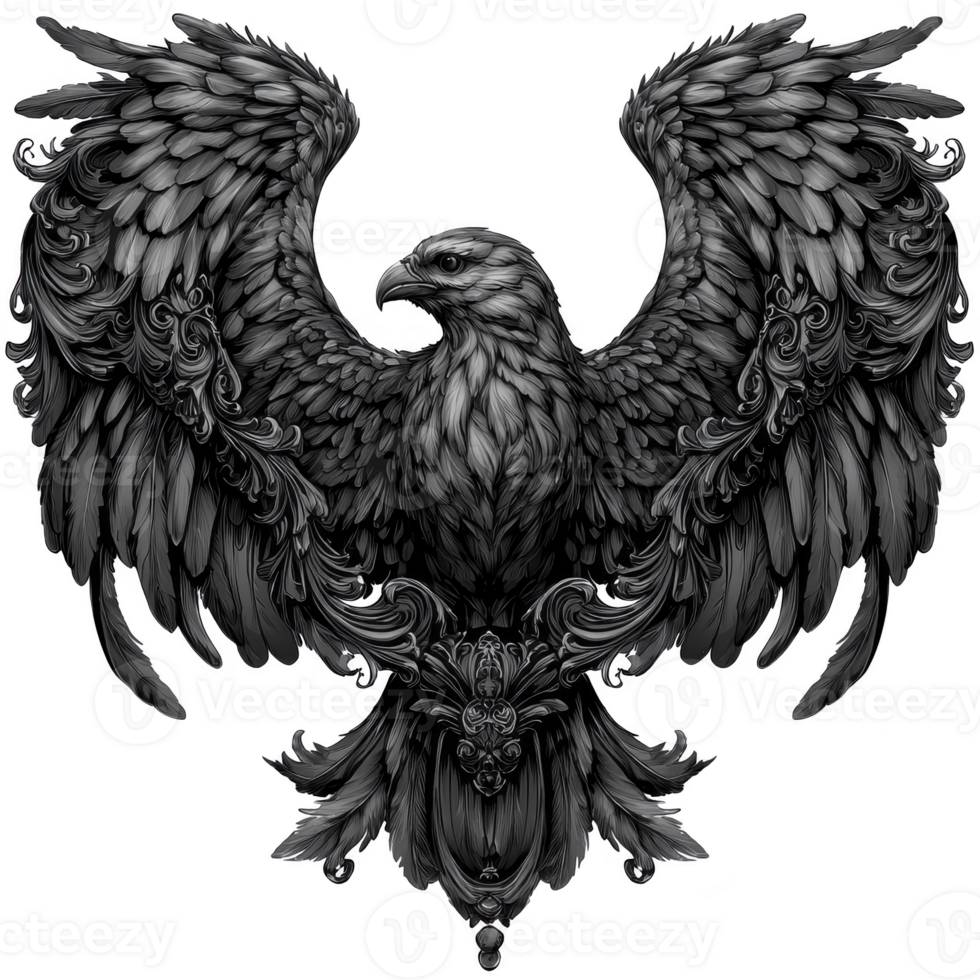 Detailed illustration of majestic eagle with outstretched wings, showcasing intricate feather patterns and regal expression. monochrome design emphasizes bird powerful presence png