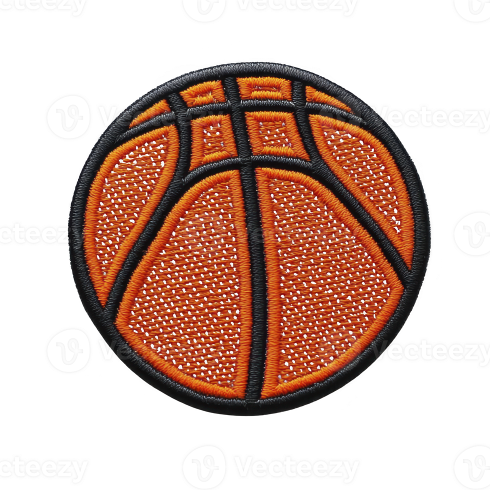 Embroidered patch features vibrant orange basketball design with black outlines, showcasing intricate stitching details. patch is circular and suitable for clothing or accessories png