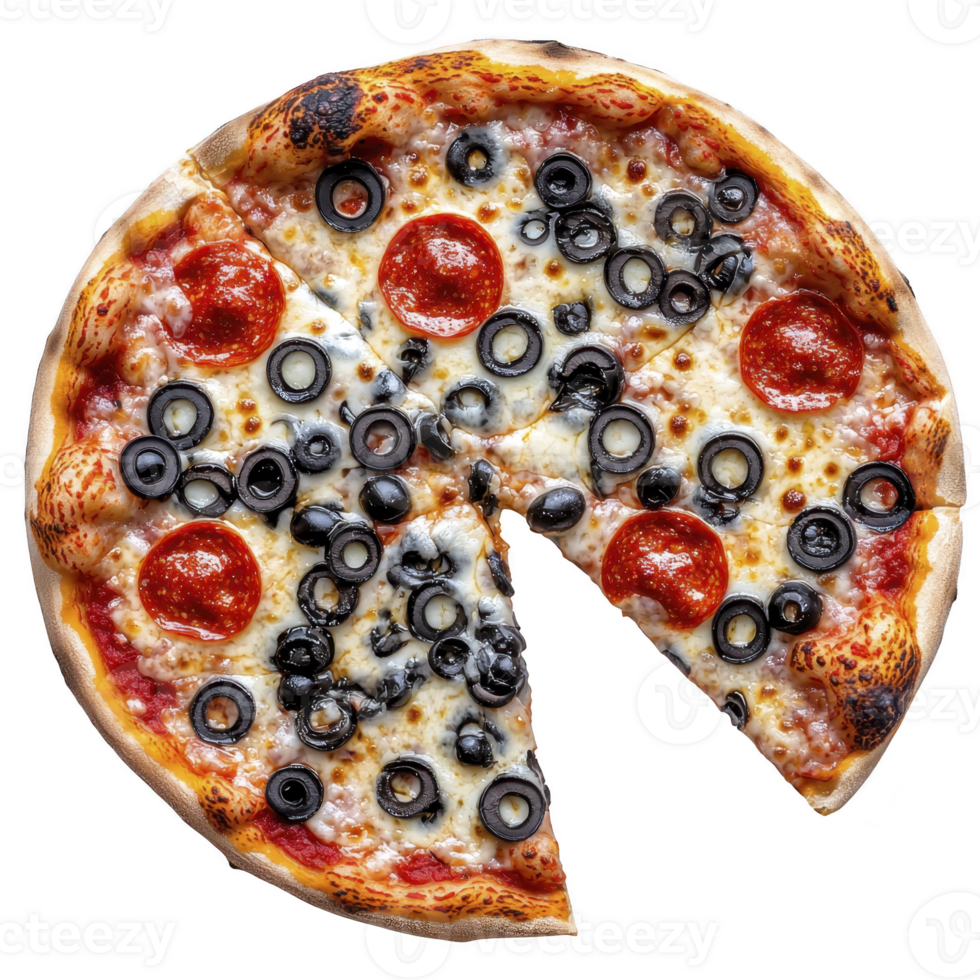 Delicious pizza topped with pepperoni, black olives, and melted cheese, featuring golden brown crust. combination of savory toppings creates mouthwatering appearance png