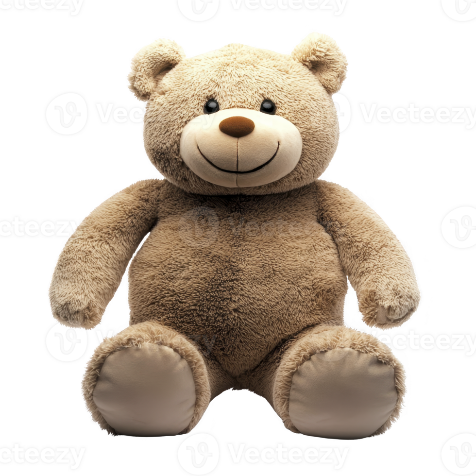 Fluffy brown teddy bear with friendly smile sits upright, showcasing its soft texture and round features. plush toy exudes warmth and comfort, perfect for cuddling png
