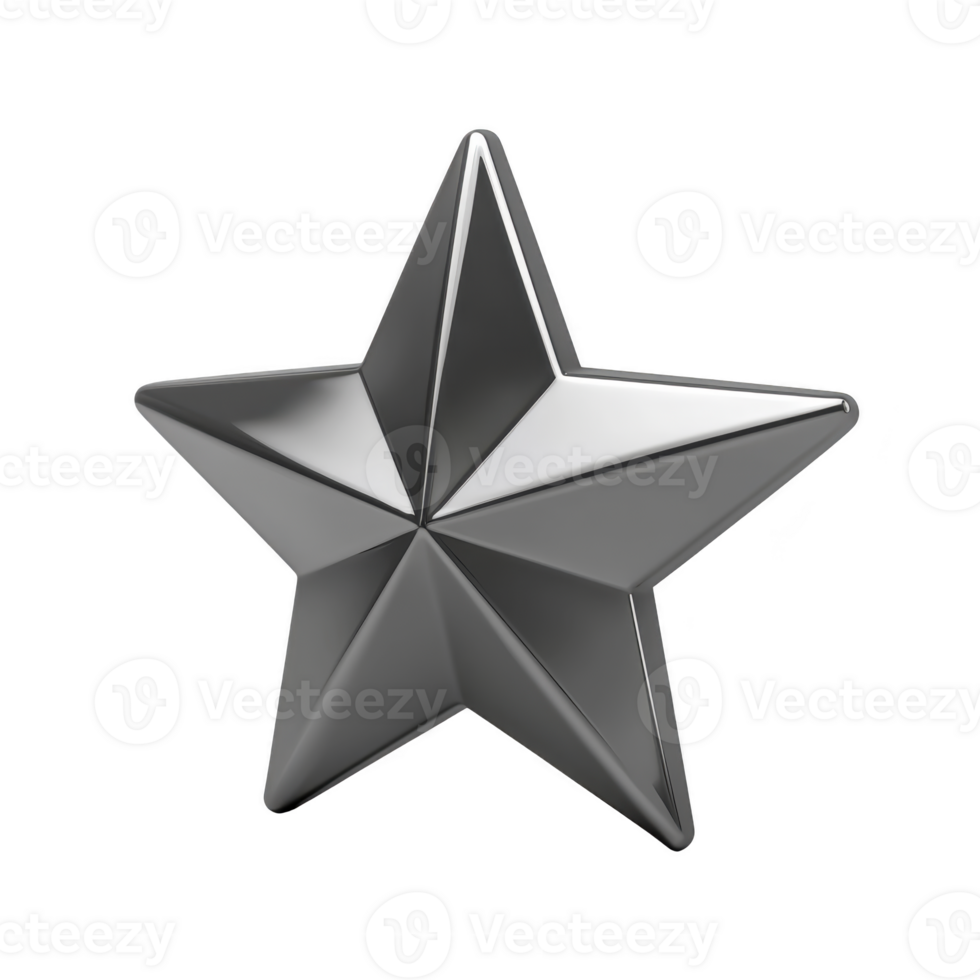 Shiny silver metallic star with three dimensional design, reflecting light and casting subtle shadows, symbolizing achievement or excellence png