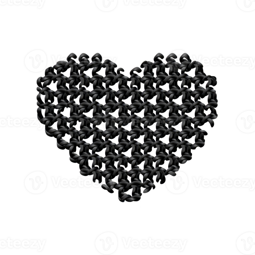 Heart shaped pattern made of interconnected black ribbons creates textured and intricate design, symbolizing love and unity. dark color adds modern and elegant touch png