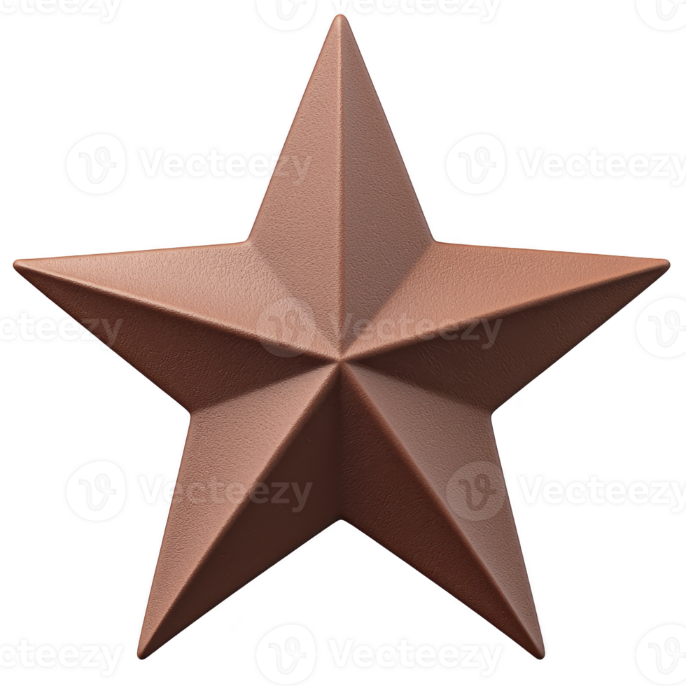 3D rendered brown star with textured surface, featuring five symmetrical points and metallic appearance, isolated on transparency background png