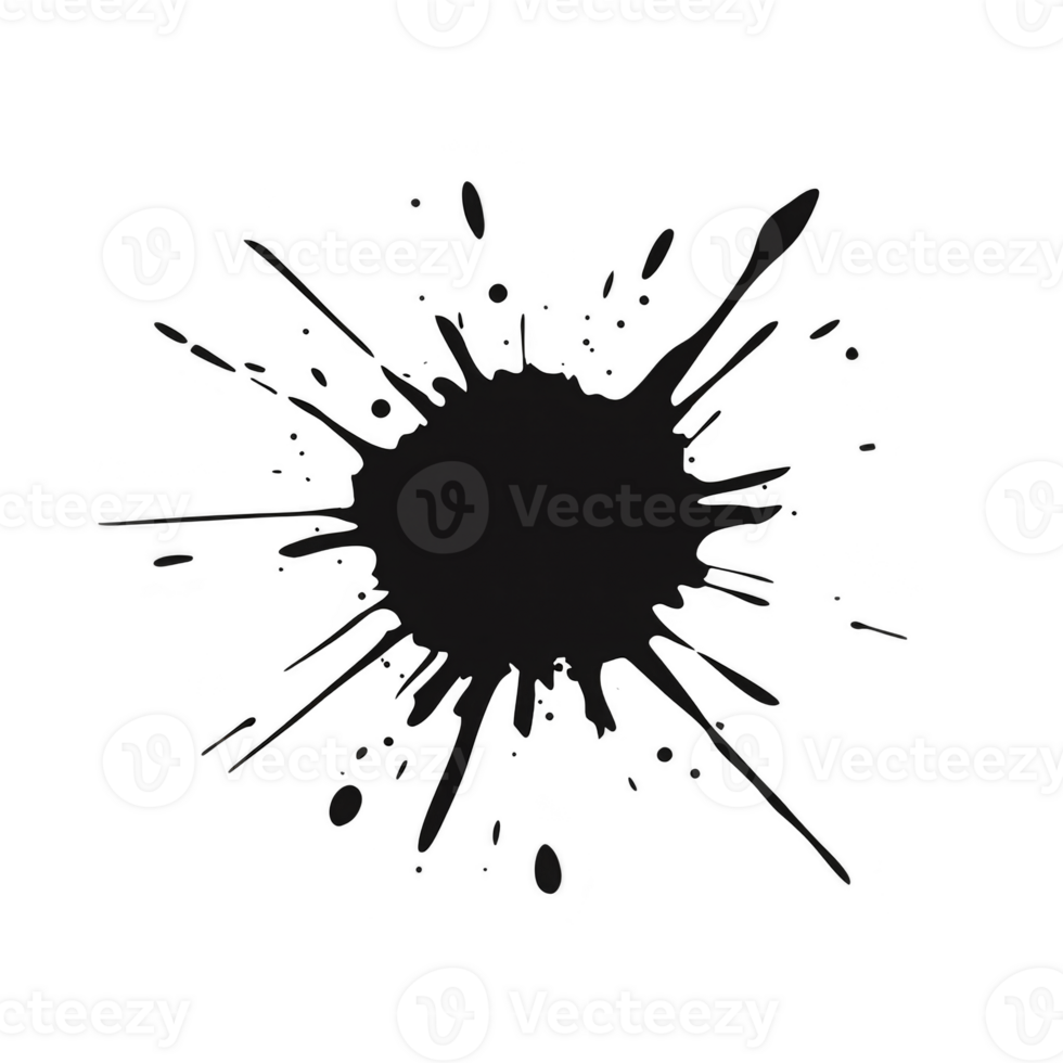 Black ink splatter with irregular edges and droplets radiating outward on transparency background, creating dynamic and artistic effect png