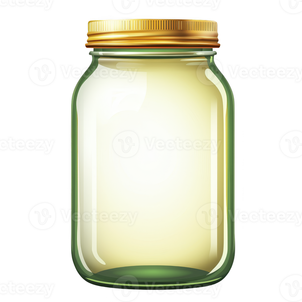Clear glass jar with golden metal lid is shown, perfect for storing food or crafting. jar is empty, highlighting its transparency and simplicity png