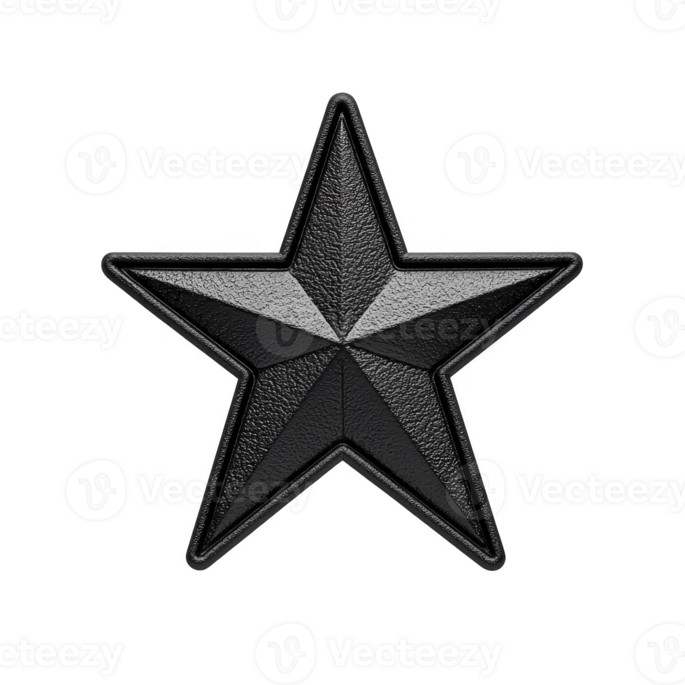 Black textured star with three dimensional appearance, featuring glossy finish and sharp edges, set against transparent background. design is simple yet striking, suitable for various decorative png
