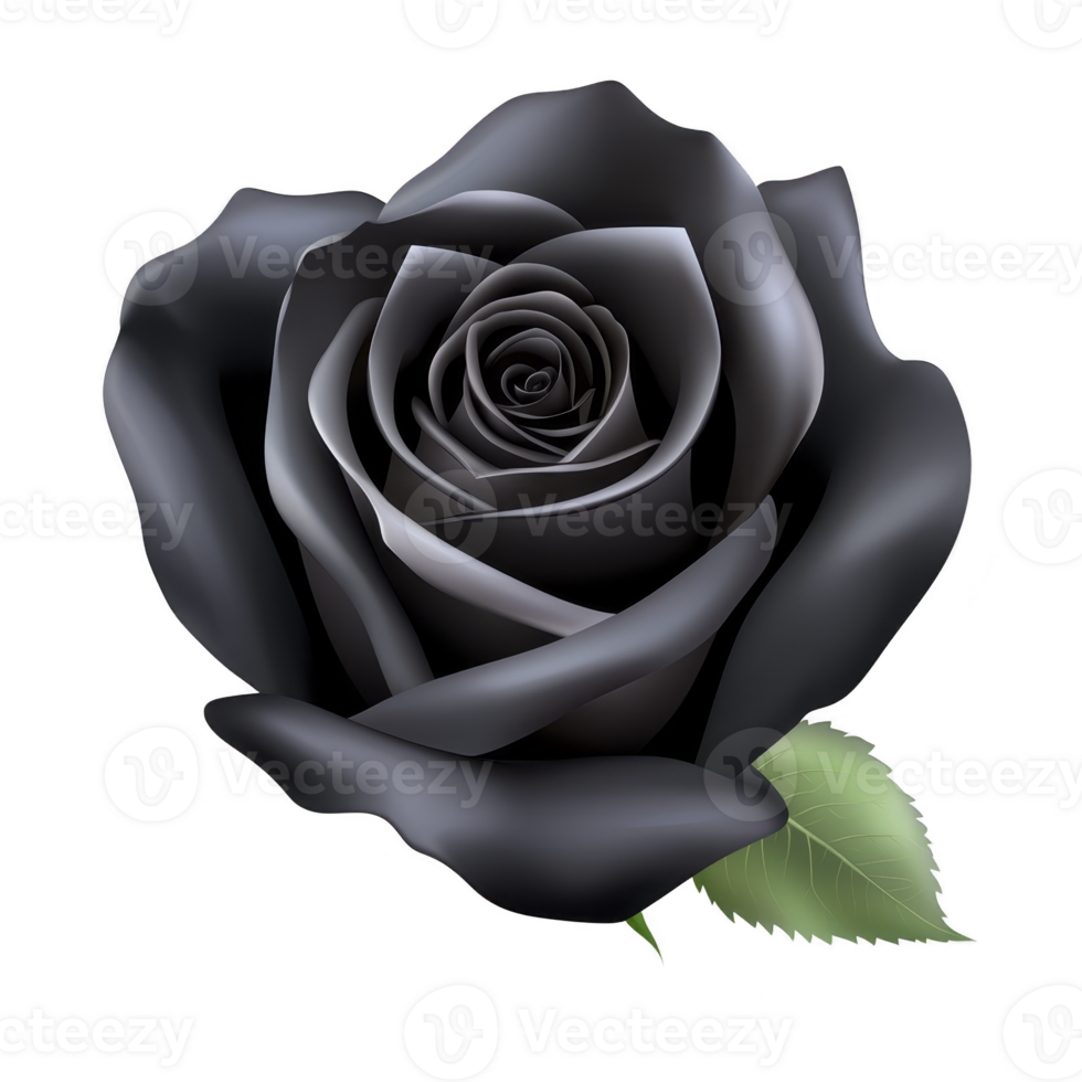 Stunning black rose with single green leaf, symbolizing mystery and elegance. dark petals create striking contrast against vibrant leaf, evoking sense of intrigue png