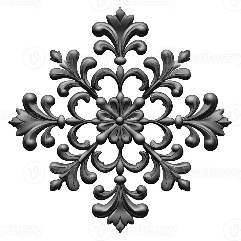 Ornate black floral design with intricate symmetrical patterns, featuring elegant curves and flourishes, creating vintage and decorative appearance png