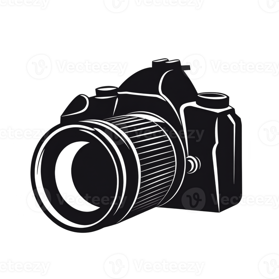 Black and white illustration of DSLR camera with detailed lines and large lens, showcasing classic design. image captures essence of photography equipment png