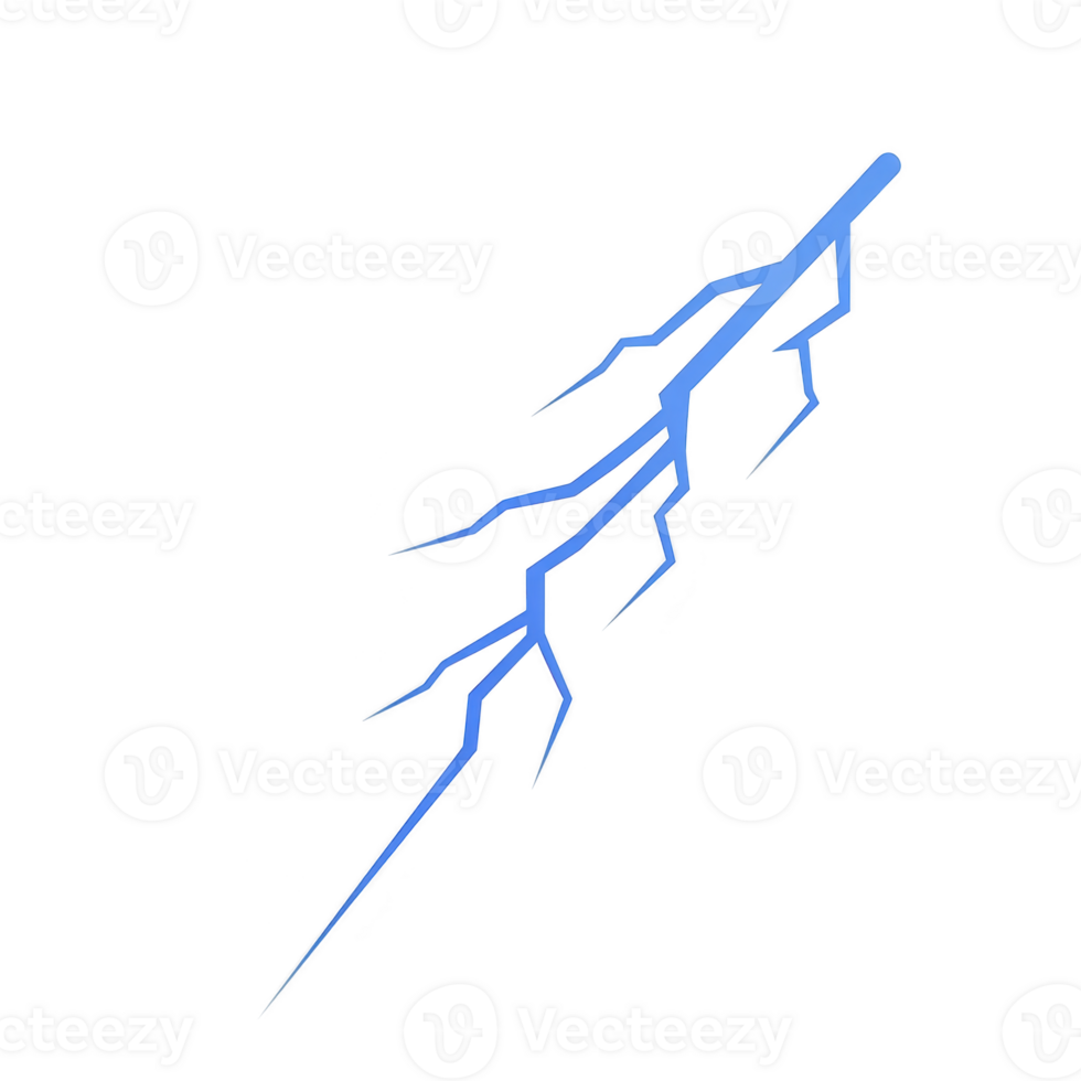 Stylized blue lightning bolt on transparency background, showcasing sharp angles and dynamic design. electric energy is visually striking, creating sense of power and movement png