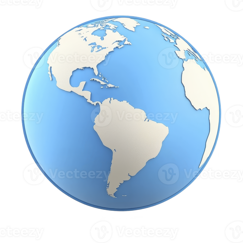 3D rendering of Earth showcases continents and oceans in simplified style, highlighting North and South America. globe is depicted with blue ocean and beige continents, emphasizing geography png