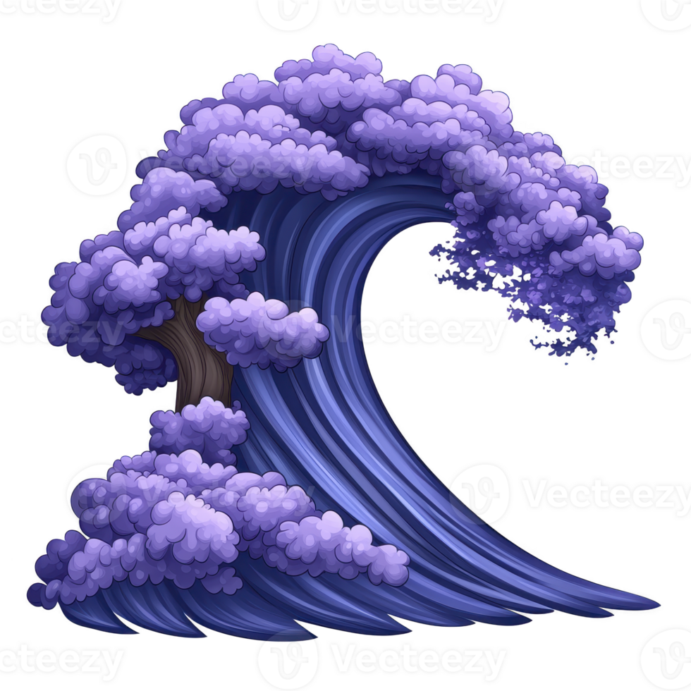 Stylized illustration of wave formed by purple clouds and tree trunk, blending nature and fantasy elements. wave dynamic shape and vibrant colors create surreal and imaginative scene png