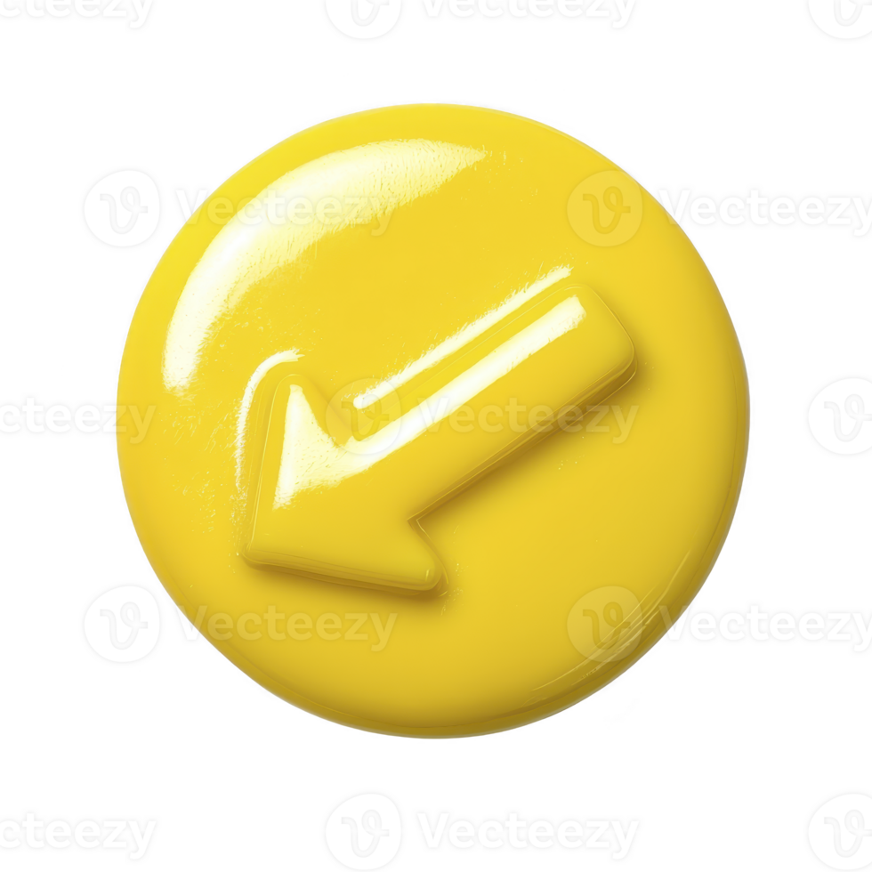Shiny yellow button with left pointing arrow symbol, conveying direction or navigation. glossy surface adds modern and vibrant touch, suitable for digital interfaces png
