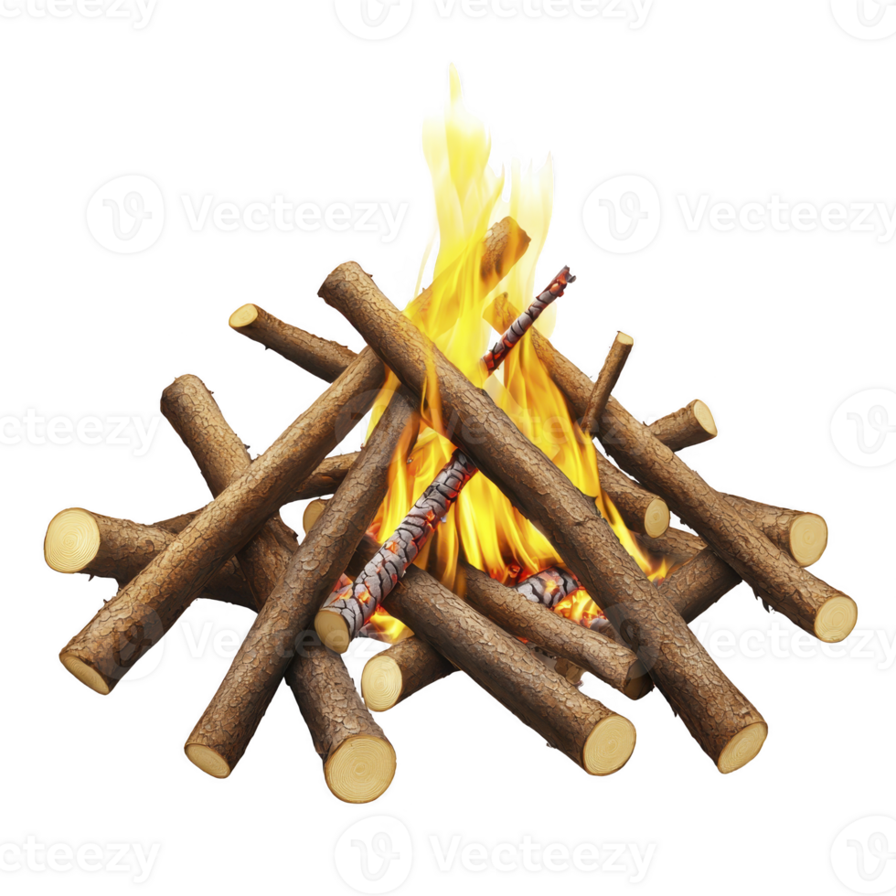 Campfire with burning logs emits bright flames, creating warm and inviting atmosphere. arrangement of wooden logs allows for optimal airflow, enhancing fire intensity png
