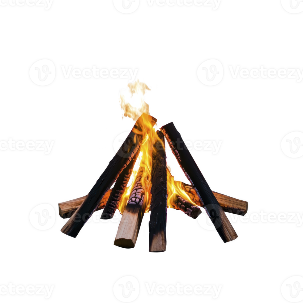 Campfire with bright flames and wooden logs arranged in teepee shape, creating warm and inviting atmosphere. Perfect for outdoor gatherings and camping adventures png