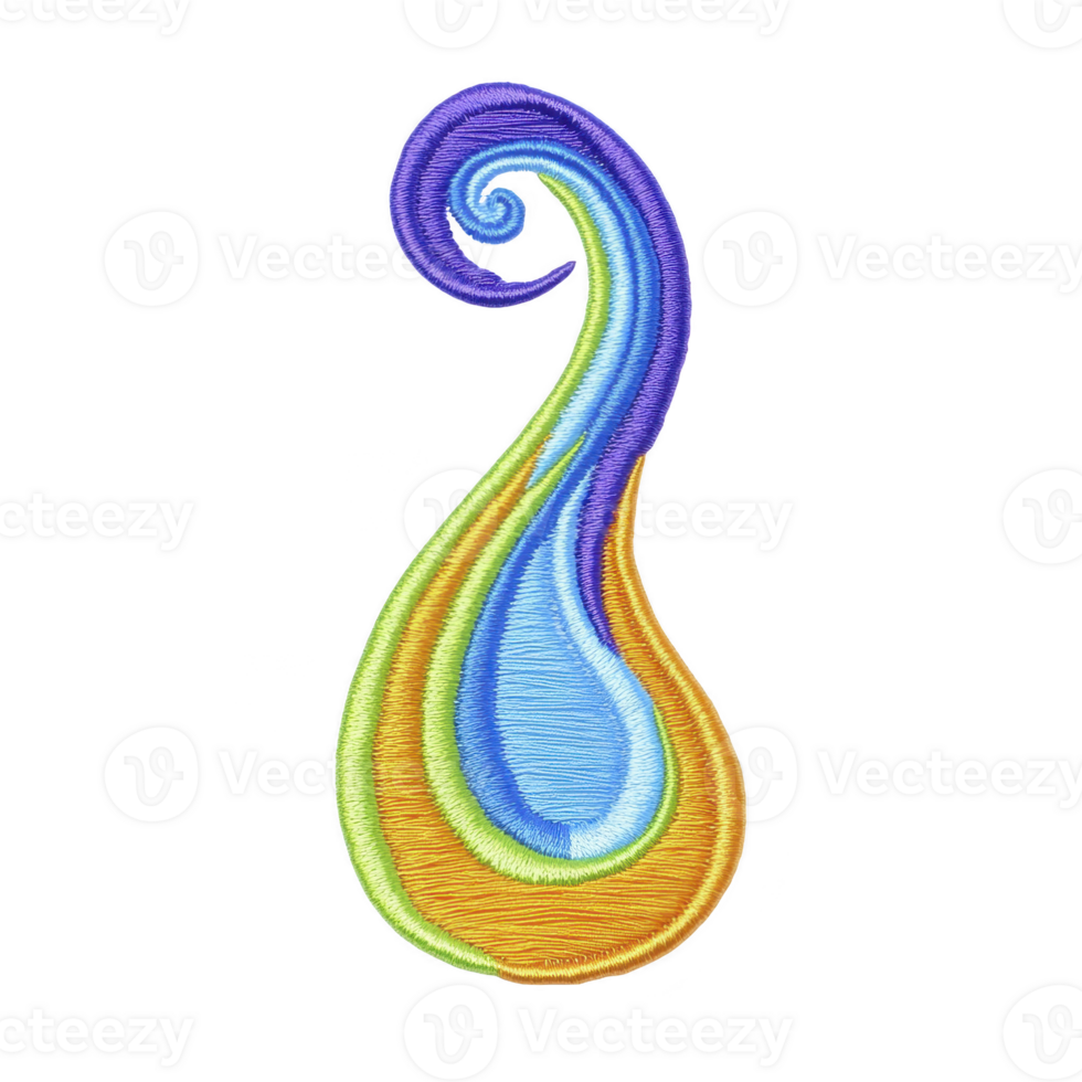 Vibrant, abstract paisley design with swirling blue, orange, and green colors, resembling teardrop shape. intricate embroidery style adds texture and depth to pattern png