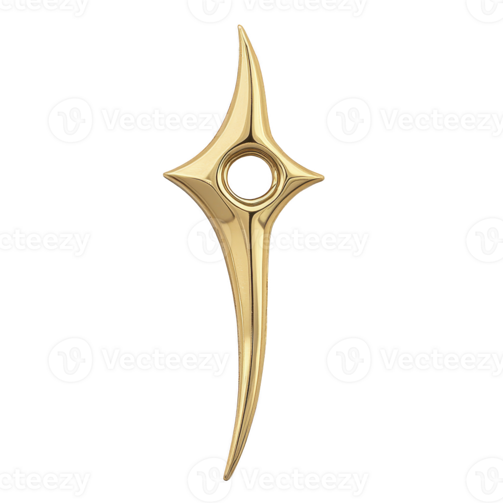 Sleek, golden, star shaped emblem with central hole and elongated points, resembling stylized compass or decorative ornament. design is elegant and modern, with polished finish png