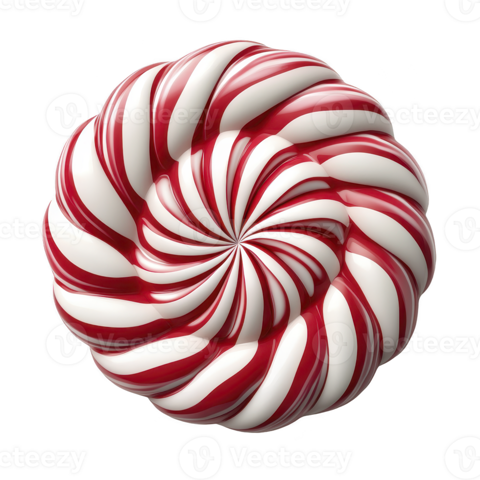 Red and white peppermint candy with spiral pattern creates festive and sweet appearance. glossy surface enhances its appeal, making it look delicious and inviting png