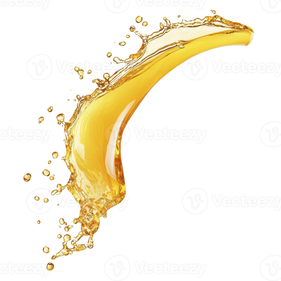 Dynamic splash of golden liquid arcs gracefully against transparent background, capturing motion and energy. fluid vibrant hue and smooth texture evoke sense of freshness and vitality png
