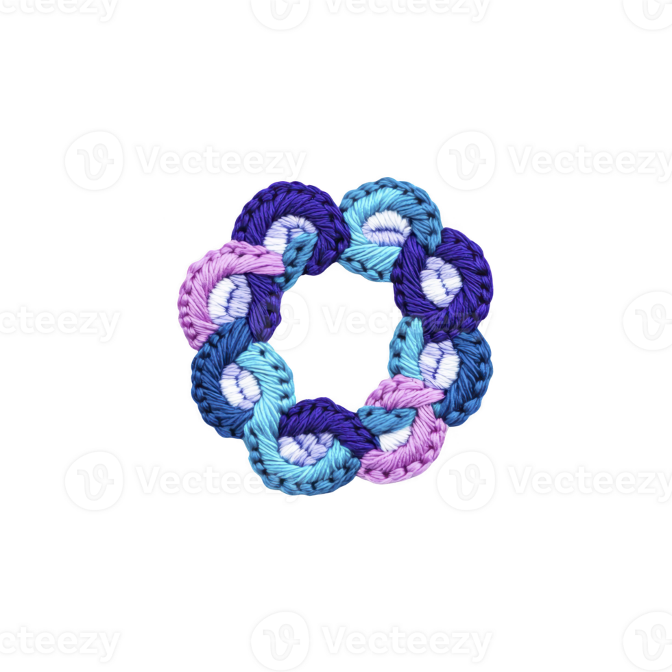 Colorful crochet circle with interwoven blue, purple, and pink yarns, creating vibrant and intricate pattern. design is set against plain background, highlighting texture and craftsmanship png