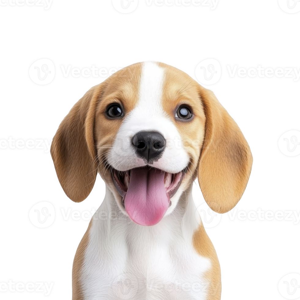 Happy beagle puppy with playful expression and tongue out, showcasing its adorable floppy ears and smooth coat against plain background png
