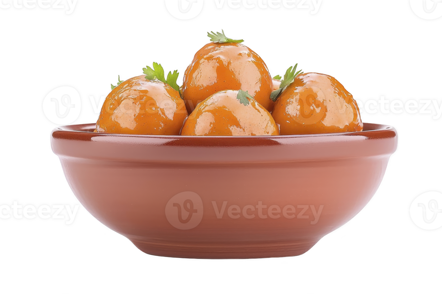Bowl of glossy, orange gulab jamun garnished with fresh herbs, creating delicious and inviting dessert presentation png