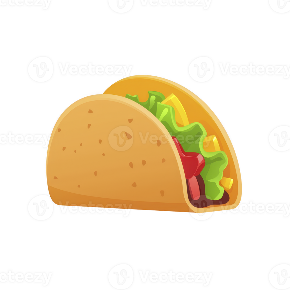 Colorful illustration of taco with crispy shell, filled with fresh lettuce, juicy tomatoes, and melted cheese, evoking sense of deliciousness and craving png