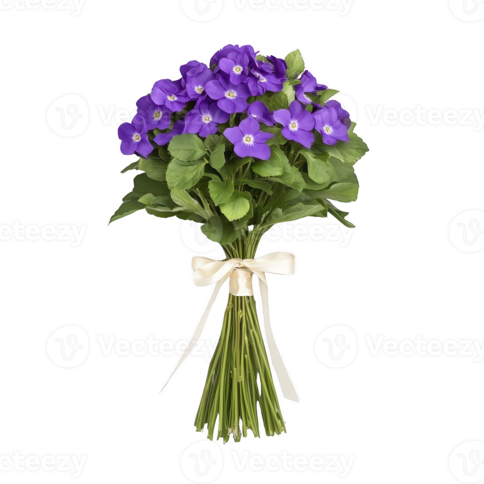 Bouquet of vibrant purple flowers tied with white ribbon, showcasing lush green leaves and delicate petals, perfect for cheerful gift or decoration png