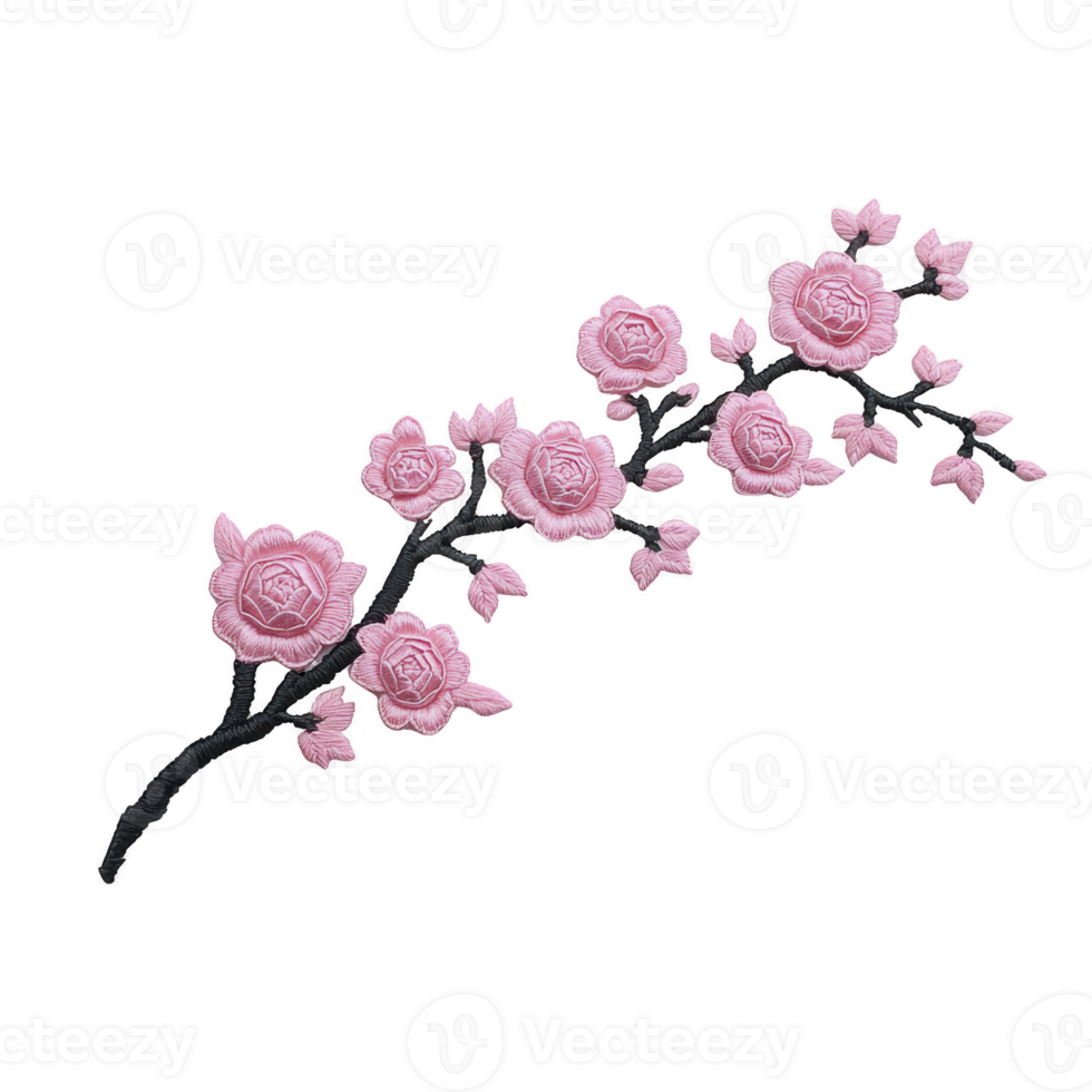 Delicate branch adorned with pink embroidered flowers and leaves, showcasing intricate floral design on transparency background. embroidery highlights beauty of nature png