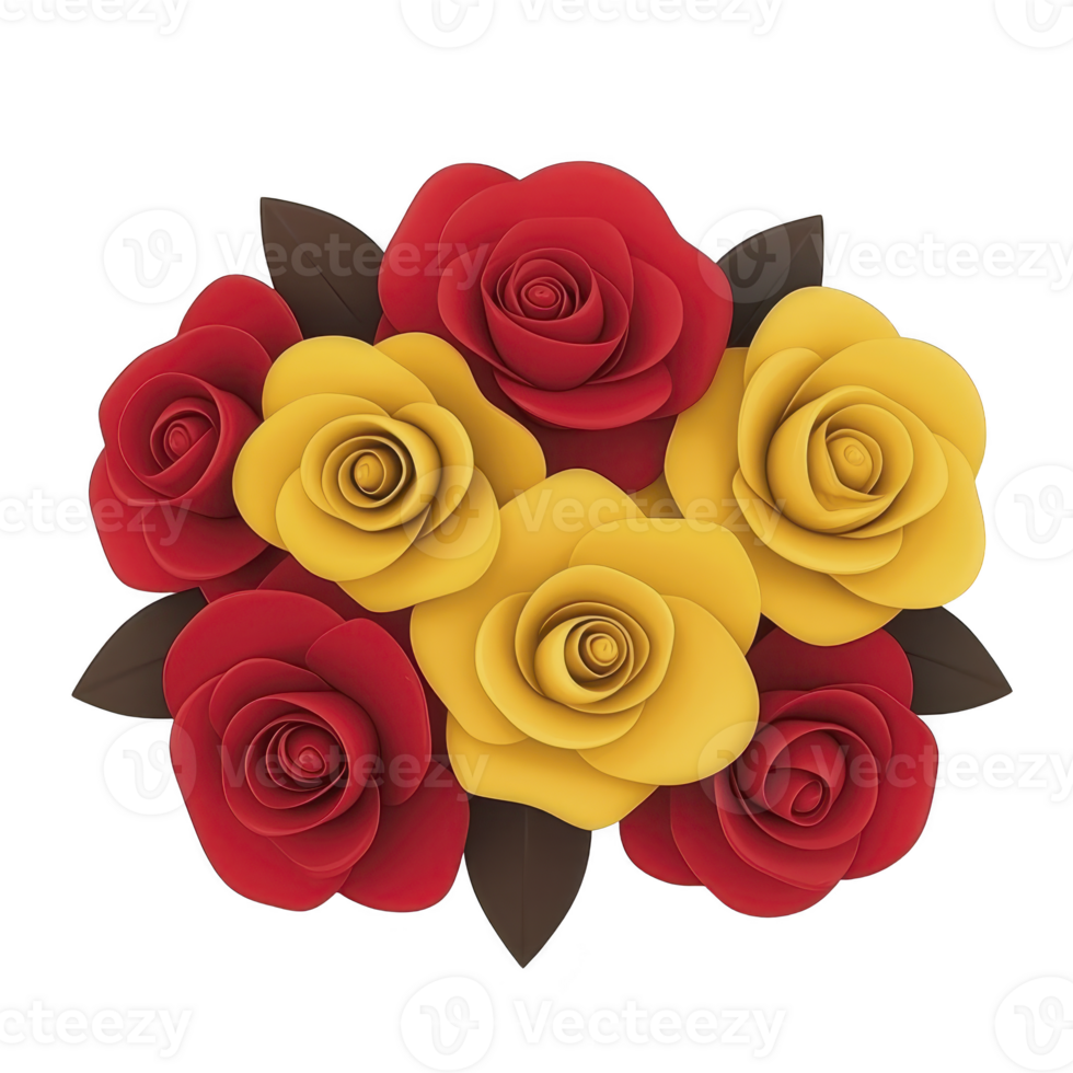 Vibrant bouquet of red and yellow paper roses arranged in circular pattern, showcasing intricate craftsmanship and harmonious blend of colors png