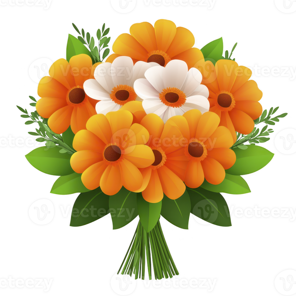 Vibrant bouquet of orange and white flowers with lush green leaves, creating cheerful and lively arrangement. Perfect for celebrations or brightening any space png