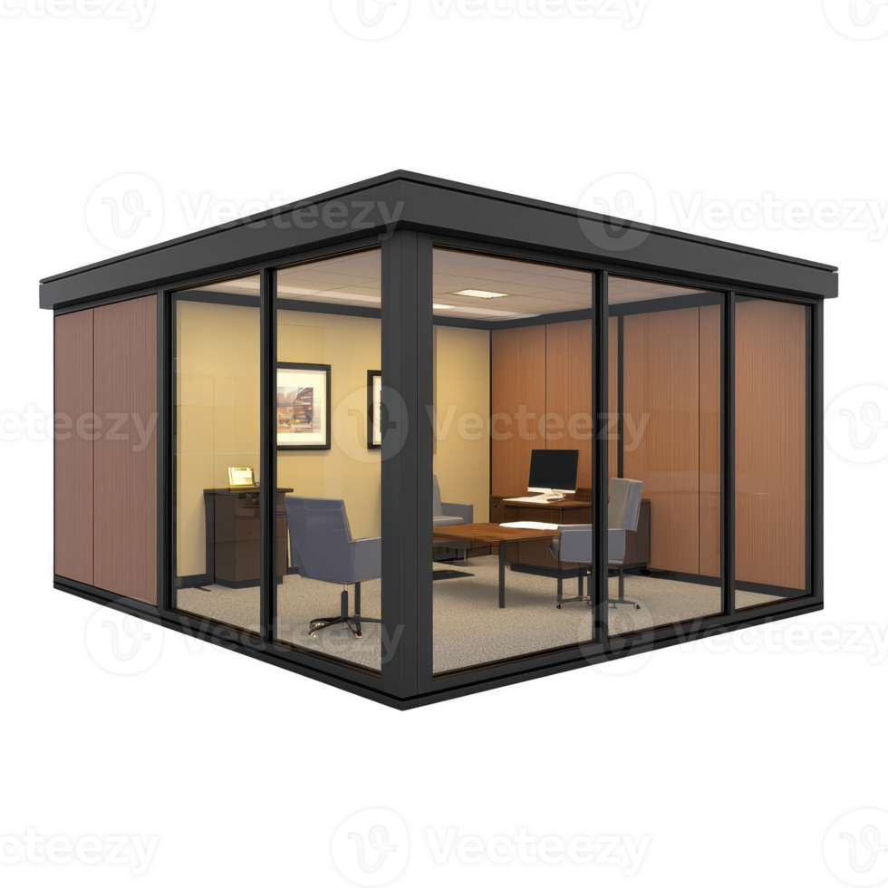 Modern office space with glass walls, featuring wooden table, chairs, and computer, creating professional and open environment png