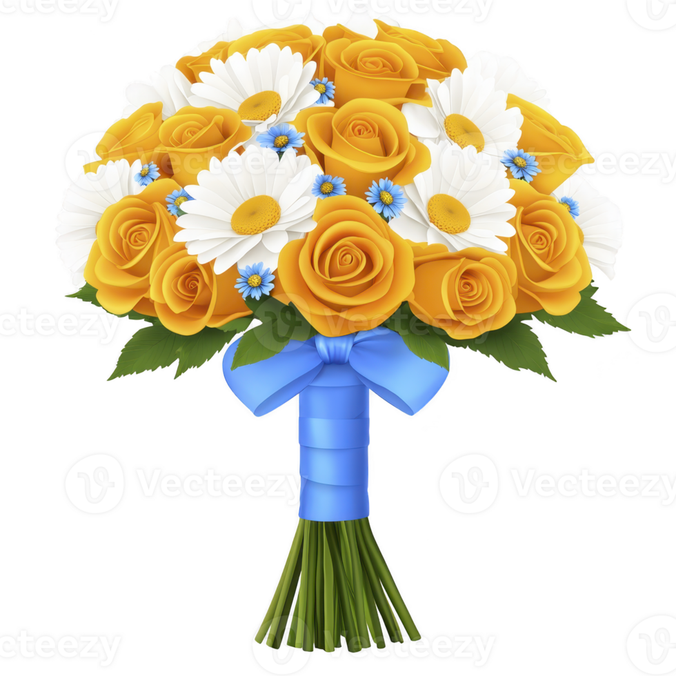 Vibrant bouquet of yellow roses, white daisies, and small blue flowers is tied with blue ribbon, creating cheerful and elegant floral arrangement png