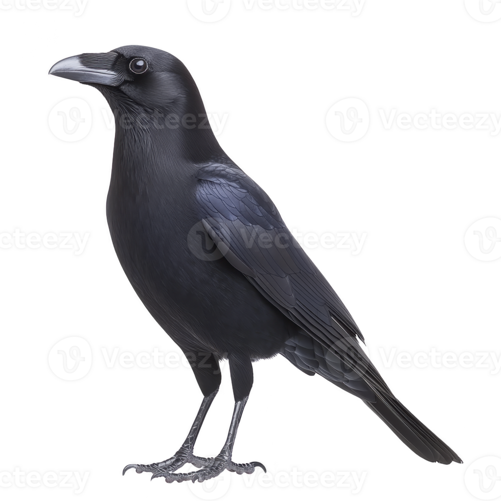 Detailed illustration of black crow standing with its glossy feathers and sharp beak visible, set against plain background. crow intelligent gaze and sleek appearance are highlighted png