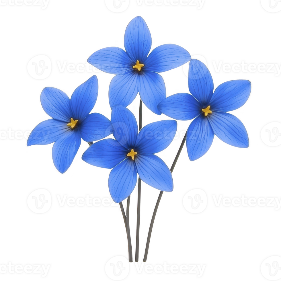 Four vibrant blue flowers with yellow centers are arranged cluster, showcasing their delicate petals and natural beauty. flowers are set against plain background, highlighting their vivid color png