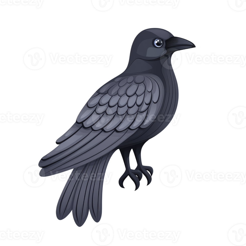 Cute cartoon crow with glossy black feathers and shiny beak stands on one leg, looking curiously to side. Its large eyes give it playful and friendly appearance png