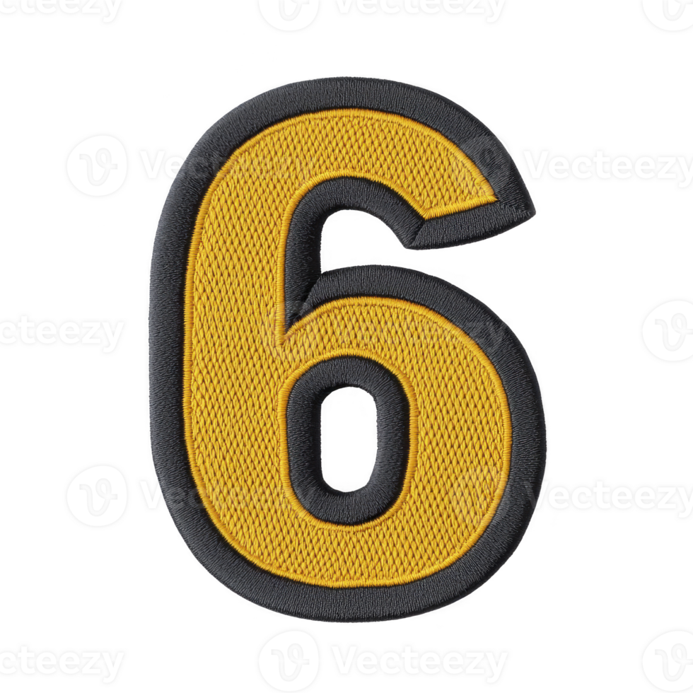 Yellow embroidered number six patch with gray border on transparency background png