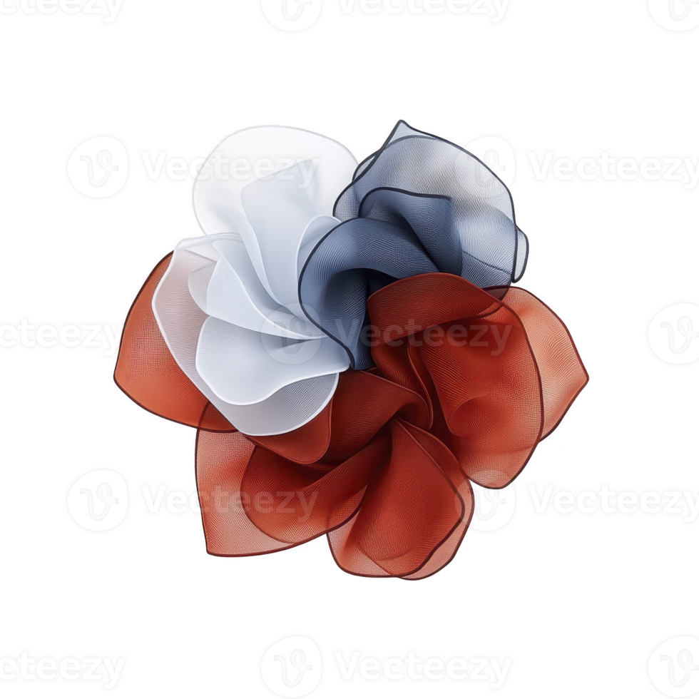 Decorative flower made of layered fabric petals in white, blue, and red, creating vibrant and elegant appearance. petals are arranged in circular pattern, showcasing blend of colors png