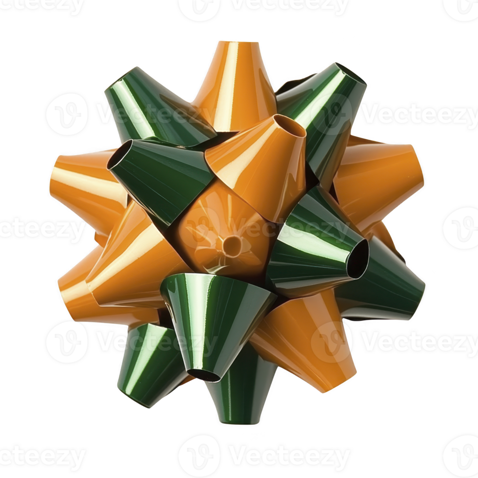 Geometric 3D star shape with interlocking orange and green cones creates modern, abstract design. glossy finish adds dynamic and futuristic feel to structure png