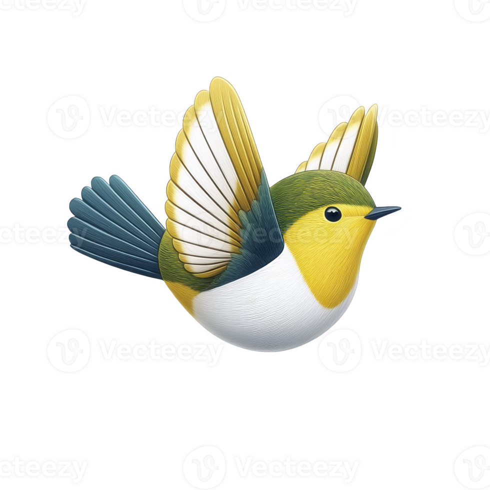 Colorful, stylized bird illustration with vibrant wings and cheerful expression, showcasing blend of yellow, green, and blue hues. bird appears to be in mid flight png