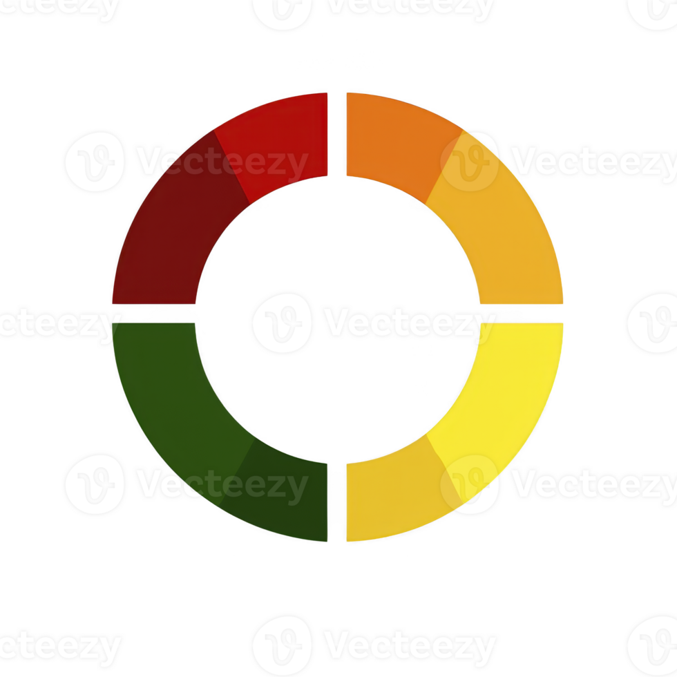 Circular infographic with four colored segments red, orange, green, and yellow, representing different data categories or progress levels. design is simple and modern png