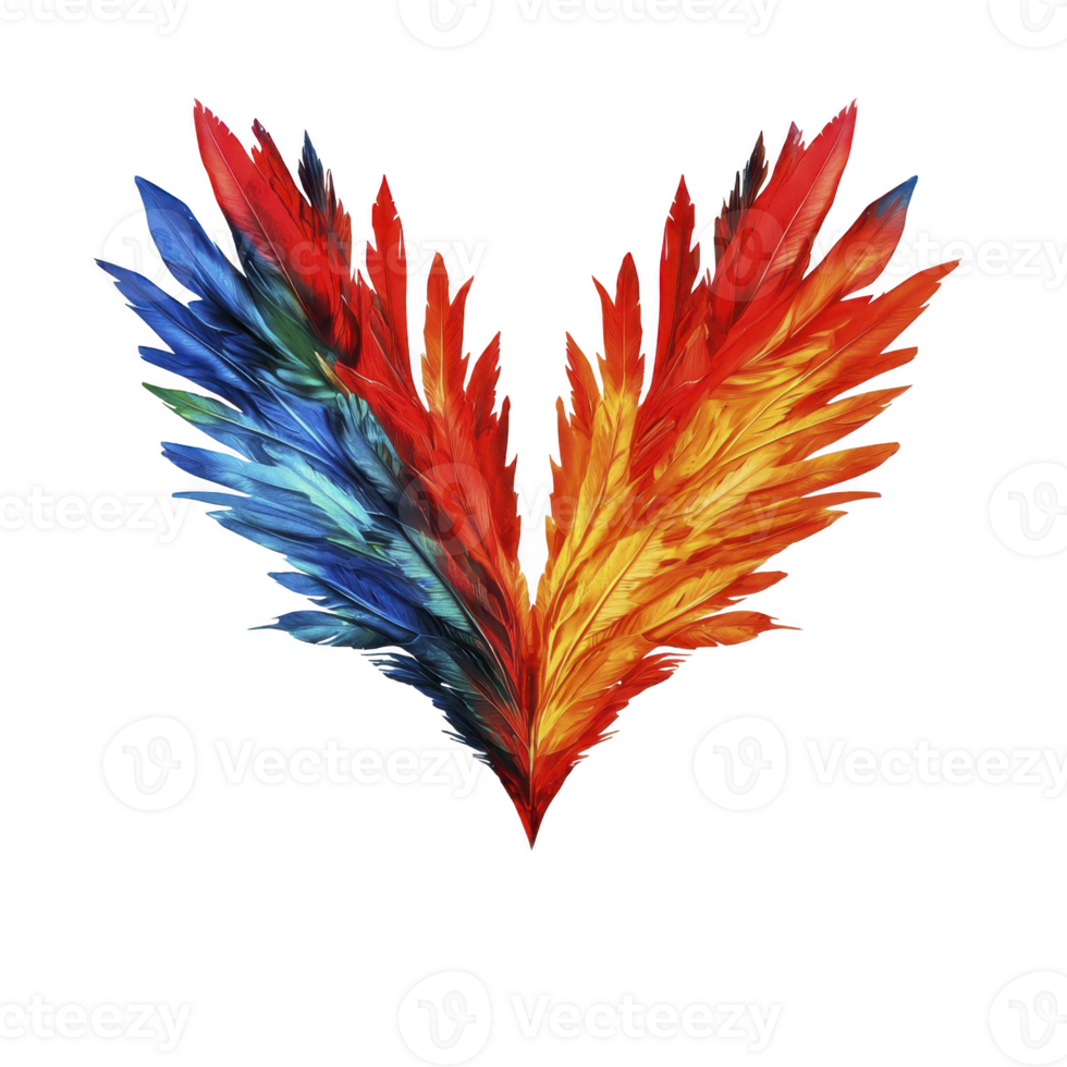 Vibrant heart shaped arrangement of colorful feathers, featuring shades of red, blue, and orange, creating striking and artistic design png