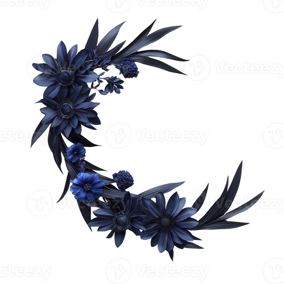 Crescent shaped floral arrangement features deep blue flowers and leaves, creating elegant and artistic design. composition is both striking and harmonious, perfect for decorative purposes png