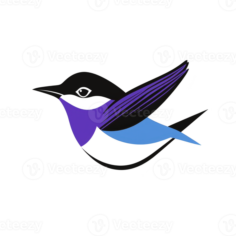 Stylized bird illustration features bold colors and clean lines, creating modern and artistic design. bird wings are depicted in shades of purple and blue, adding vibrant touch png
