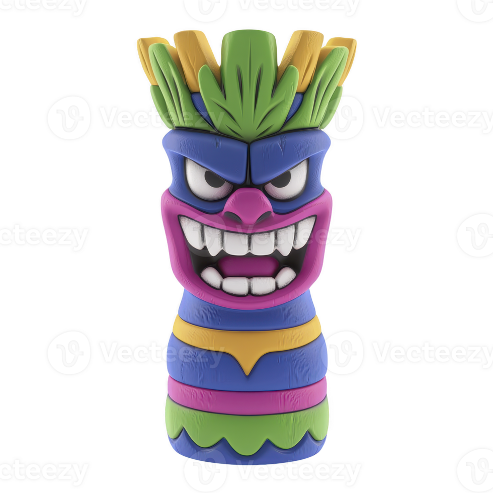 Colorful, cartoonish tiki statue with fierce expression features vibrant colors like blue, pink, green, and yellow, showcasing exaggerated facial features and playful design png