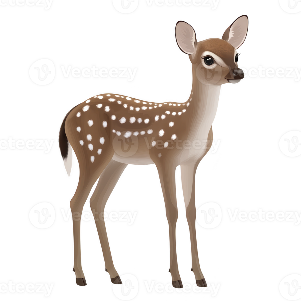 Cute, young deer with white spots stands gracefully, showcasing its delicate features and gentle expression. fawn soft brown fur and large eyes evoke sense of innocence and tranquility png
