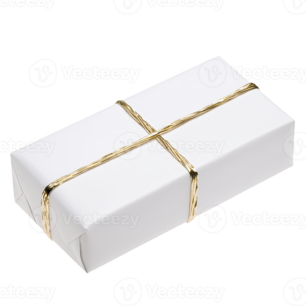 Rectangular white gift box is elegantly wrapped with shiny gold ribbon, creating simple yet sophisticated appearance. box is isolated on transparency background, emphasizing its clean design png